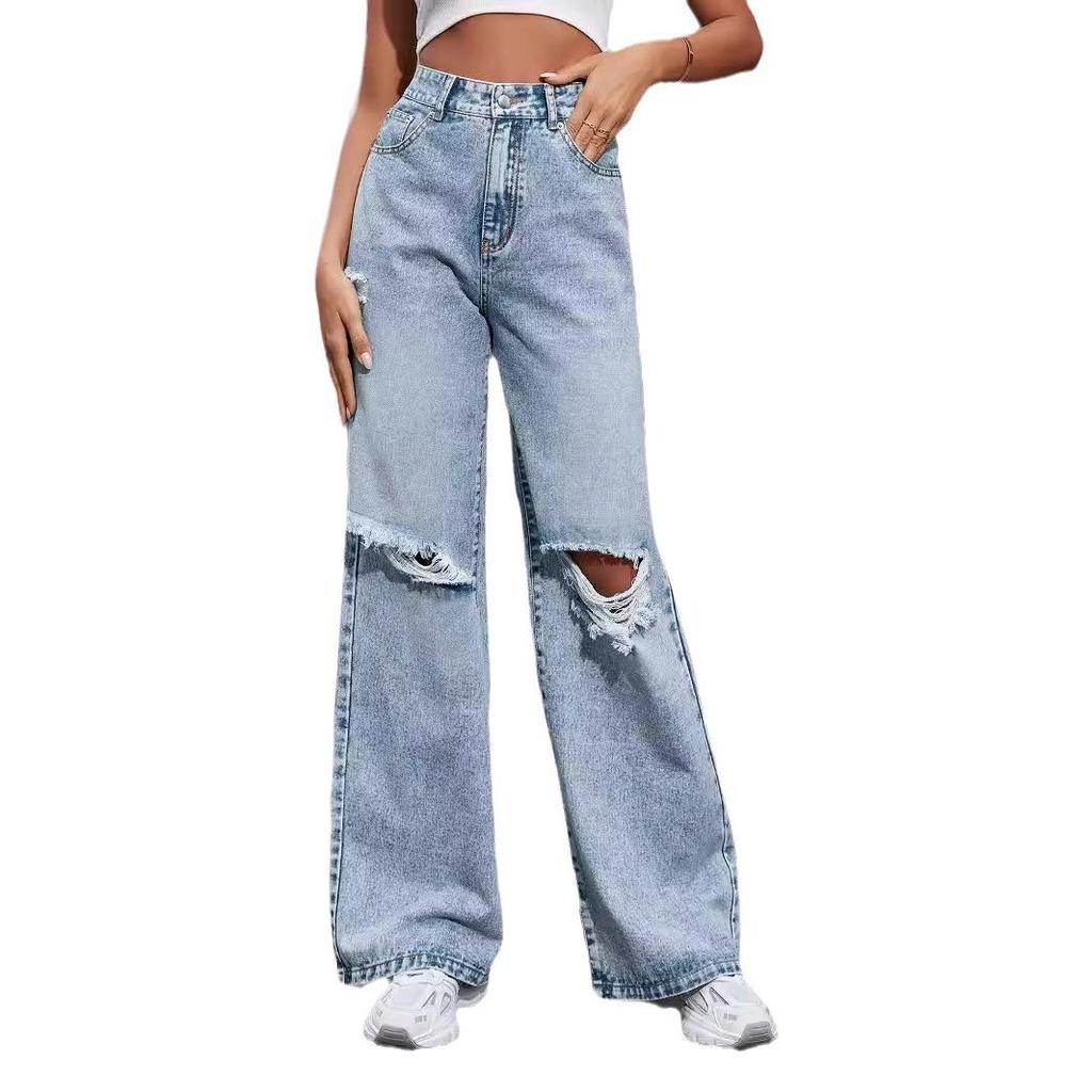 Women's INS Fashion Ripped High-Waisted Wide-Leg Jeans