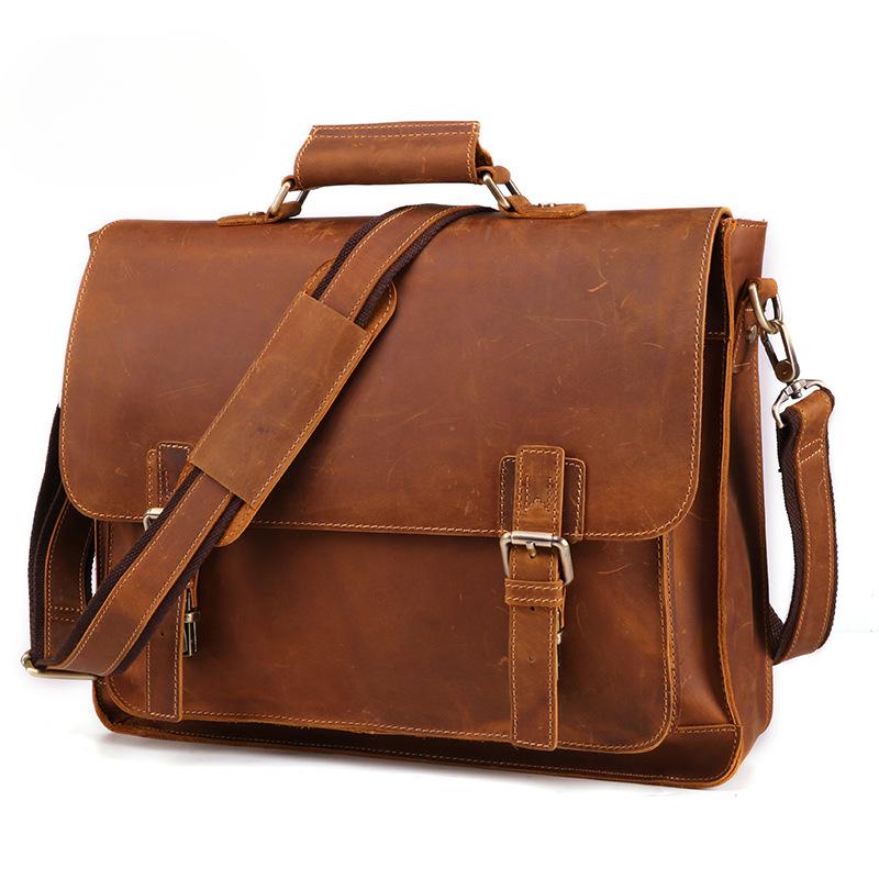 Genuine Leather Men's Briefcase Business Vintage Tote Computer Bag Men's Crazy Horse Leather Multifunctional Bag for Men