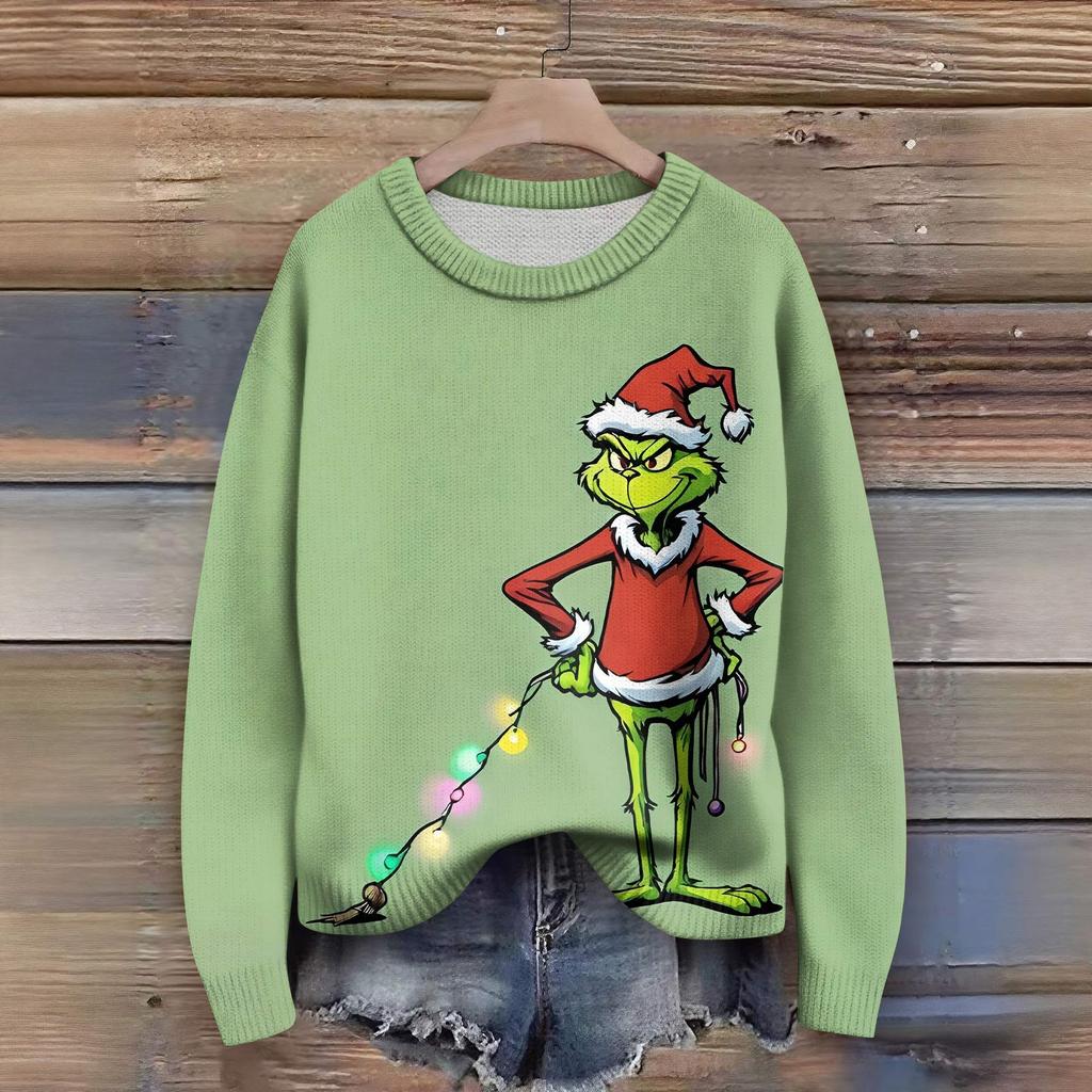 Long Sleeve Pullover Sweaters For Women O Neck Casual Cute Printing Knit Oversized Sweater