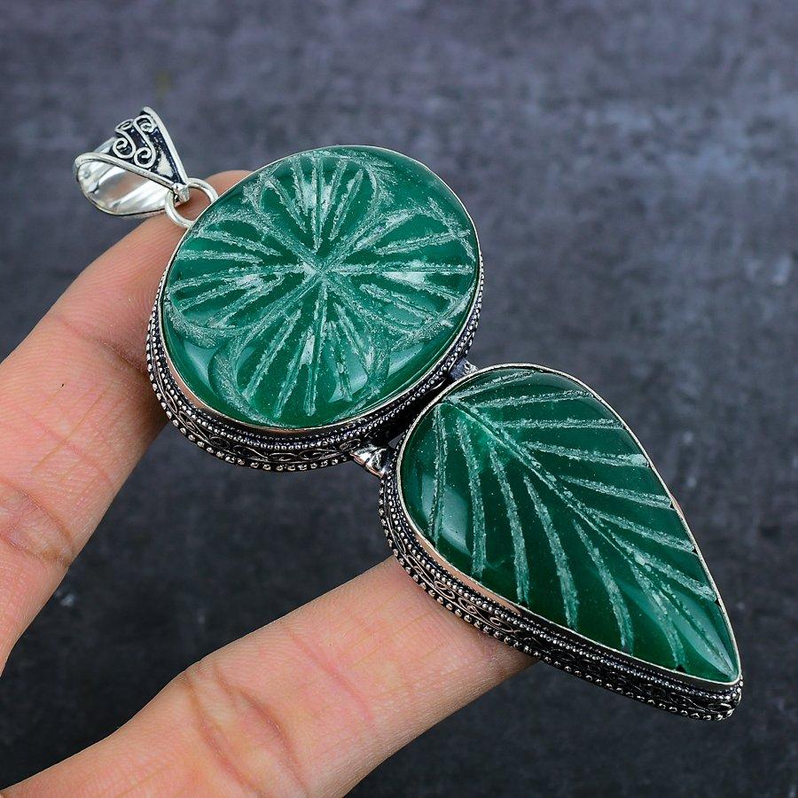 Green Onyx Ethnic 925 Sterling Silver Jewelry Pendant 3.94" d0P36