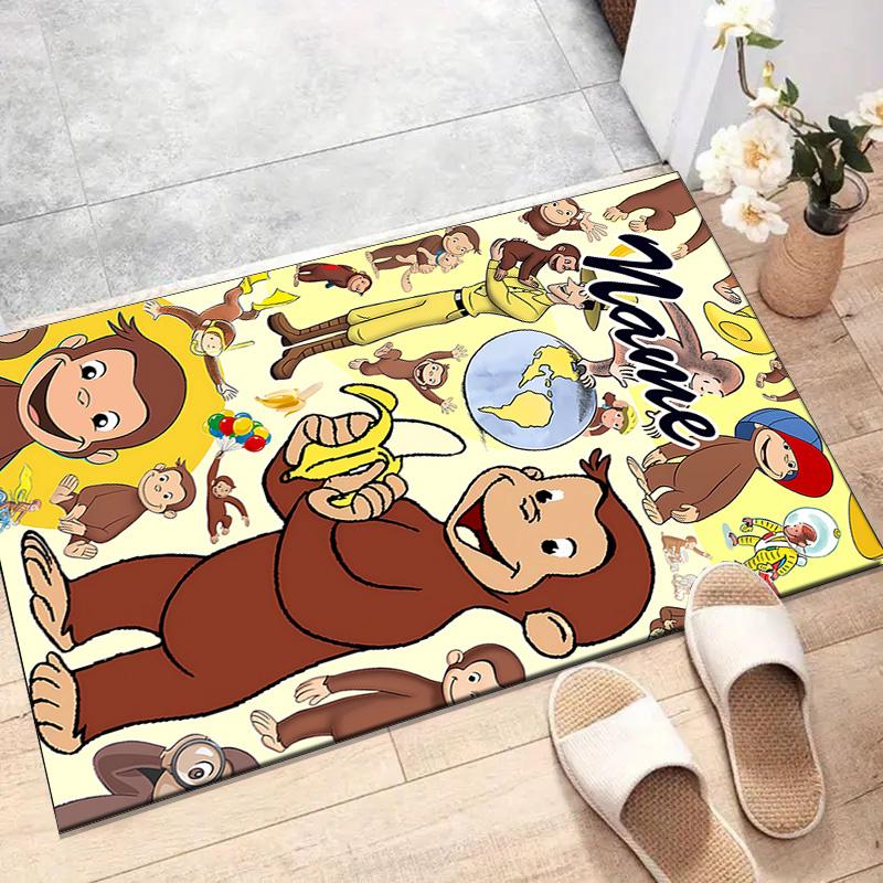 Custom Curious George Mat Personalized Name, Polyester Washable Indoor Entryway Rug, Gift for Christmas, Easter, Thanksgiving Day