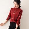 TUHUANG Women's Pure Wool Semi-High Collar Contrast Sweater