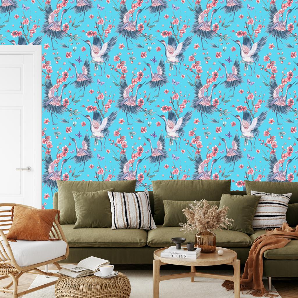 Cranes, butterflies and flowers wallpaper for living room and bedroom 50x1000