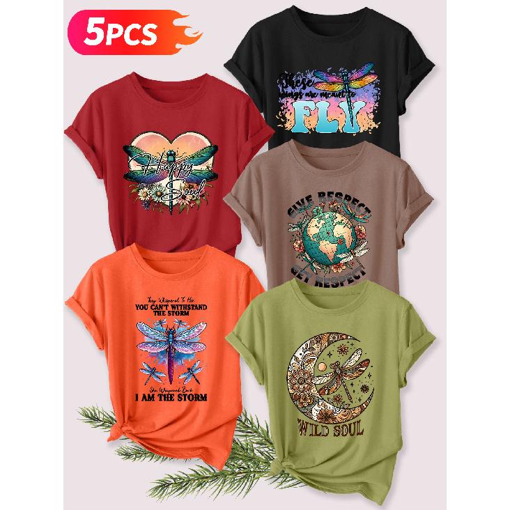 Five-piece set Elegant short-sleeved shirt for women Heart, Moon, Earth, Watercolor Dragonfly, English Slogan Combination Print, Round Neck, Women's