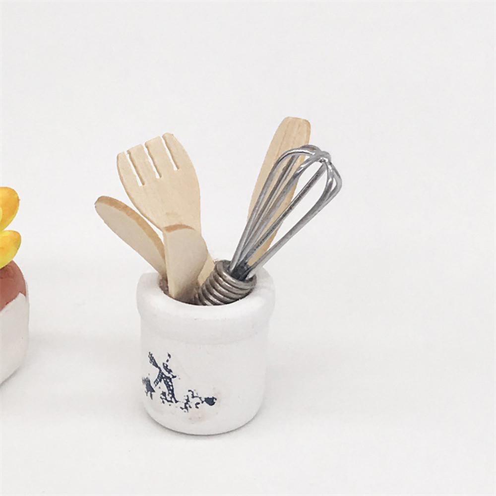 Wooden Kitchen Fork Metal Whisk Jar Set Dollhouse Miniatures 1:12 Accessories