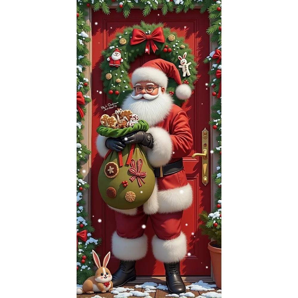 Vivid Santa Claus Send Gift Christmas Door Cover 35.43*72.83inch Banner Front Door Decoration 2025 Christmas Home Party Supplies