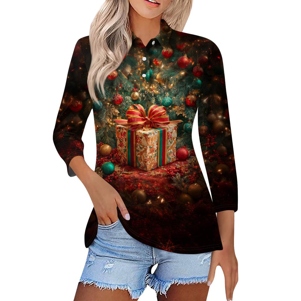 Женская модная повседневная блузка с лацканами на пуговицах, с рукавом 3/4 и винтажным принтом