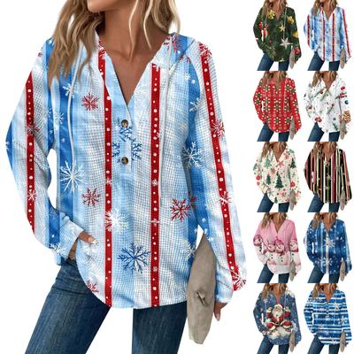 Женский повседневный топ с длинными рукавами, пуговицами, V-образным вырезом, рождественским принтом, завязками и капюшоном