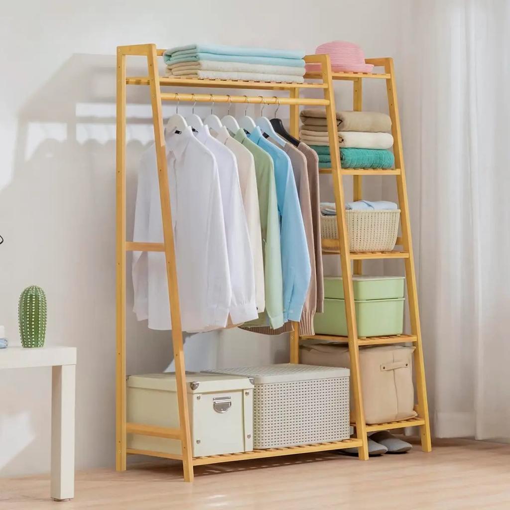 Вешалка стойка для одежды Supretto напольная бамбуковая с полками (9168)