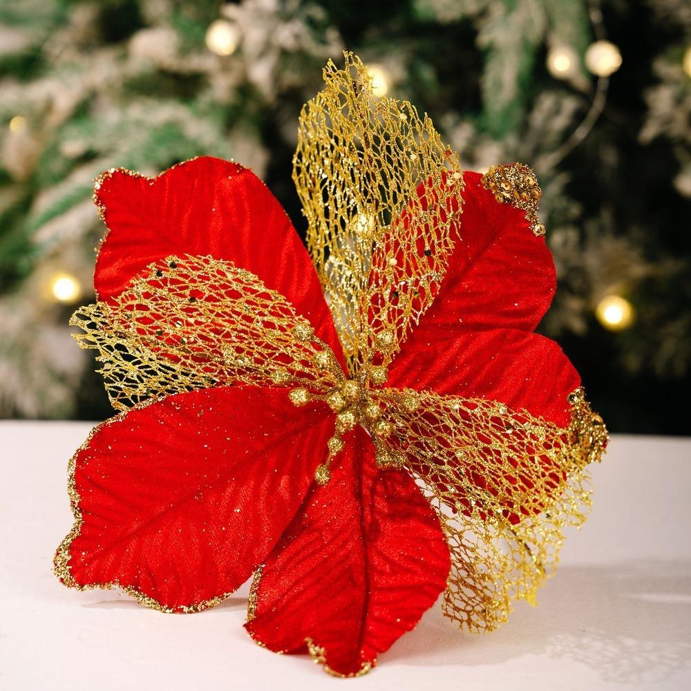 Maple Leaf Shaped Simulated Christmas Flowers Luxury Handmade Xmas Decorative Flowers Realistic Eternal Flower Festive Display