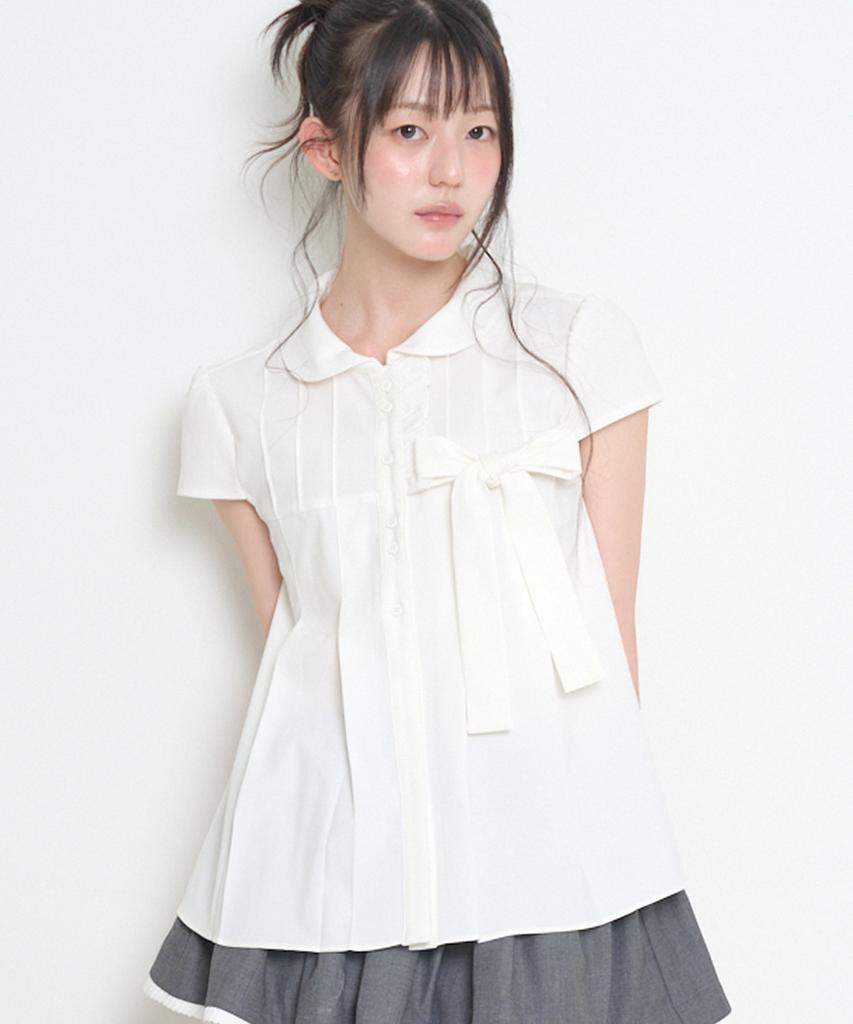 ILLIGO Ribbon Pleated Short Sleeve Blouse White