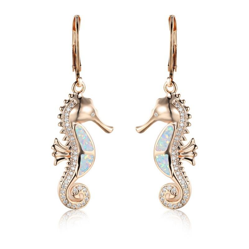 Wish Hot Ocean Wind Series Rose Gold White Gold Blue and White Opal Micro-set White Diamond Seahorse Versatile Earrings