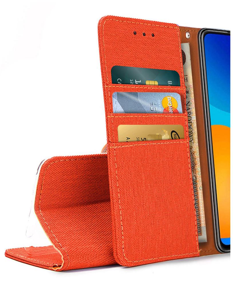 Etui Typu Portfel Do Motorola Moto G56 - Pomarańczowy Pokrowiec Canvas + Szkło