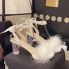 Popular Niche Pearl Fashion Crystal Heel Sandals French Popular Sexy Open-toed Fluffy Shoes Women's 2025 Autumn New Models