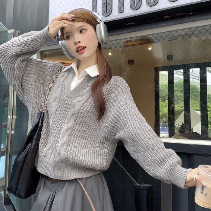 Женский свитер из двух частей в студенческом стиле с перекрученной вязкой — свободный крой, длинные рукава, на осень