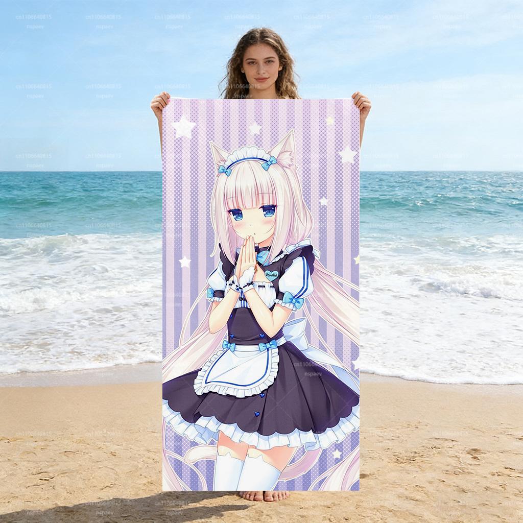 Пляжное полотенце с аниме-персонажем Ванилла из Nekopara, Быстросохнущее впитывающее банное полотенце, Мягкое полотенце из микрофибры для плавания и кемпинга