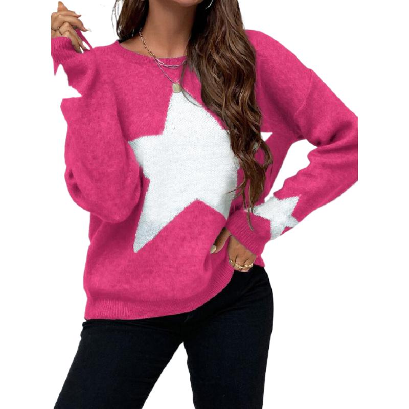 Women's Star Print Long Sleeve Crewneck Sweater Drop Shoulder Pullover Tops