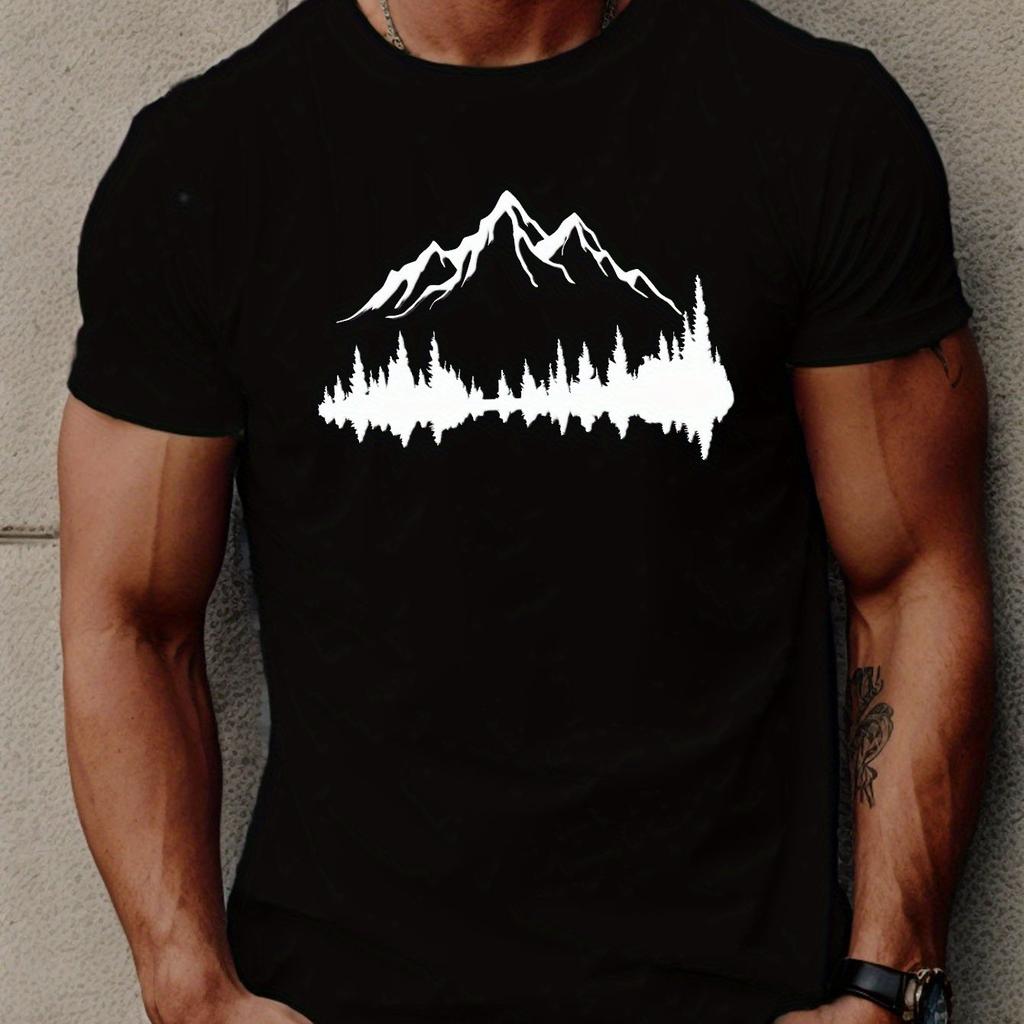 Летняя мужская повседневная свободная футболка большого размера из 100% хлопка с принтом гор и деревьев, спортивная удобная футболка с круглым вырезом и коротким рукавом