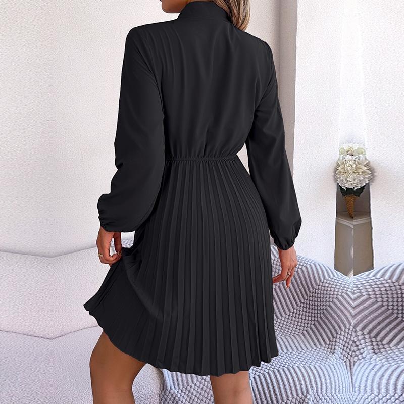 Женское осенне-зимнее темпераментное однотонное плиссированное платье с высокой талией и длинными рукавами на шнуровке