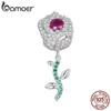 BAMOER 925 Sterling Silver Pink Zircon Rose Flower Bead Charms for Women Original Bracelet Bangle Necklace DIY Jewelry