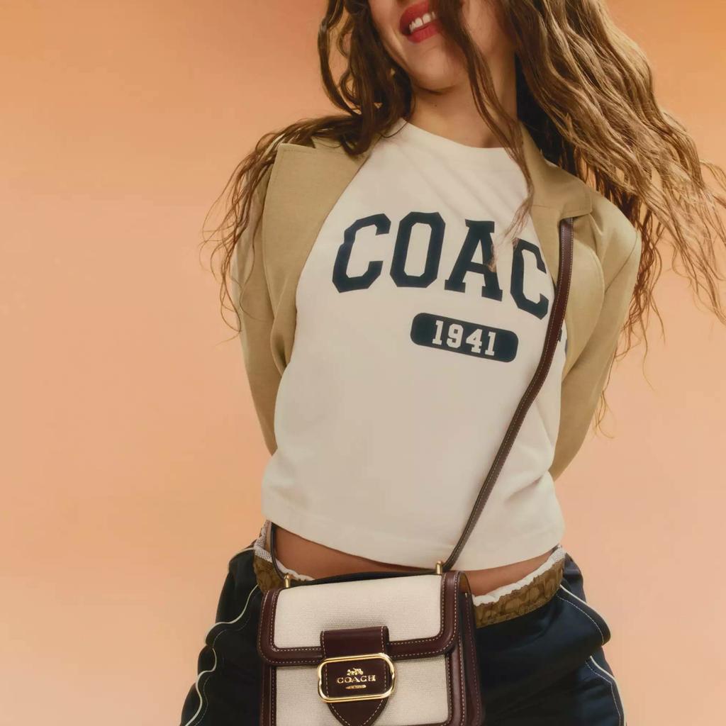Coach Morgan 18 Metal Logo Snap Closure Canvas And Calfskin Crossbody Bag Small Women crossbody bag Gold Multicolor CR328-IMNAM