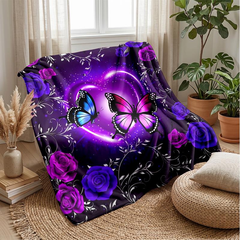Purple Heart with Blue Butterflies Theme blanket Lightweight Warm Flannel Blanket Decorative Throw Blanket for Home Decoration