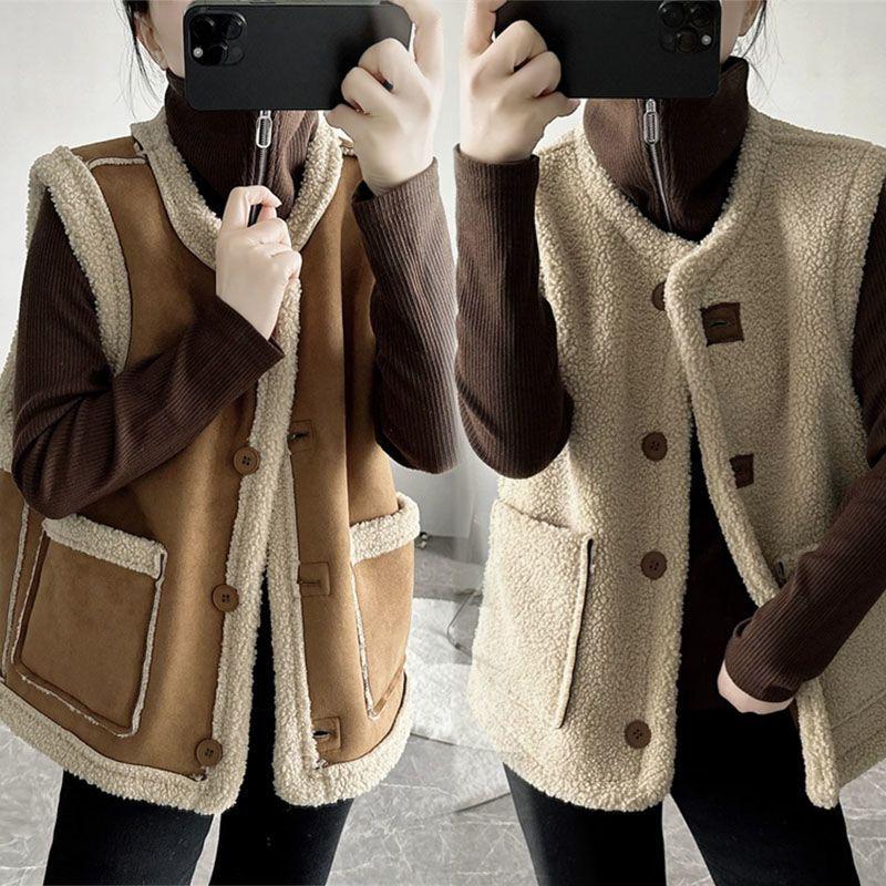 Двухсторонний жилет женский винтажный жилет из овчины двусторонний жилет осень-зима коричневый жилет