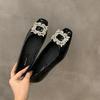 Flat Bottom Silver High-end Square Head Rhinestone Single Shoes Women's 2025 New Spring Black Commuter Square Buckle Beanie Shoes