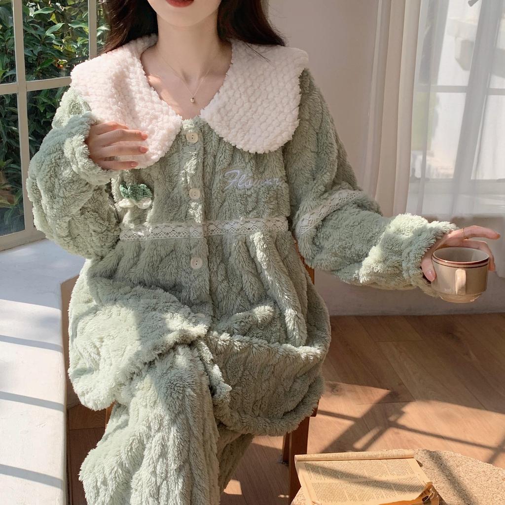 Женская пижама из кораллового флиса - плотный бархат, стиль принцессы, на осень и зиму