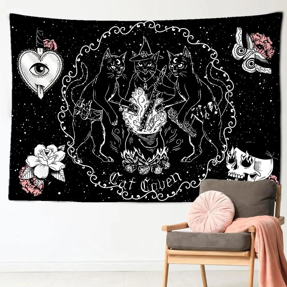 VIKAMA Witch Cat Tapestry Mystic Moon Star Wall Art Esoteric Divination Art Suitable for Living Room or Bedroom