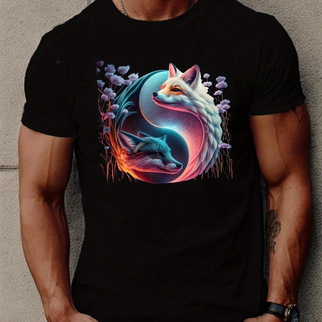 Yin Yang Fox Graphic Print Men's Slim Fit Cotton Round Neck Short Sleeve T-Shirt