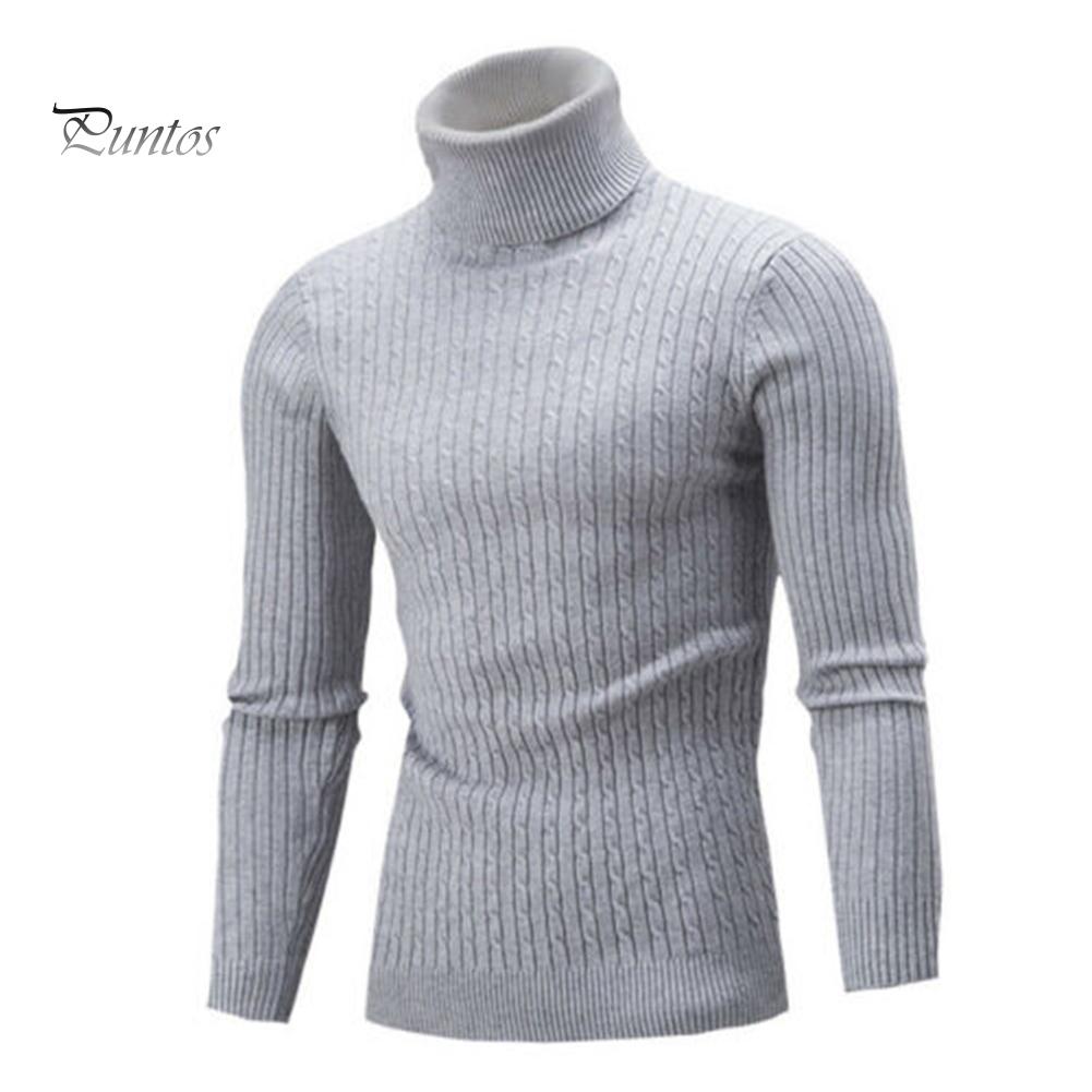 Casual Men Winter Solid Color Turtle Neck Long Sleeve Twist Knitted Slim Sweater