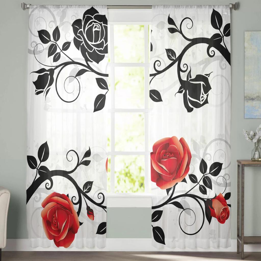 Red And Black Rose White Sheer Curtains for Girl Kids Bedroom Kitchen Window Drapes Curtain Home Decoration