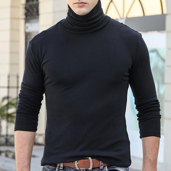 Men Layering Top High Collar Prevent Neck from Wind Highly Stretchy Slim Fit Solid Color