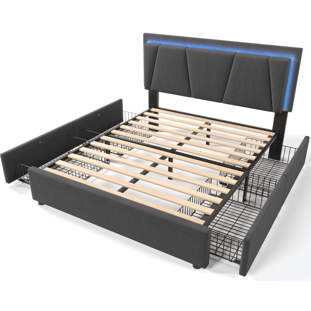Upholstered Bed with LED Lighting and 4 Drawers, Height-Adjustable Headboard, Double 140x200cm Storage Frame, Slatted Frame, Grey (Without Mattress)