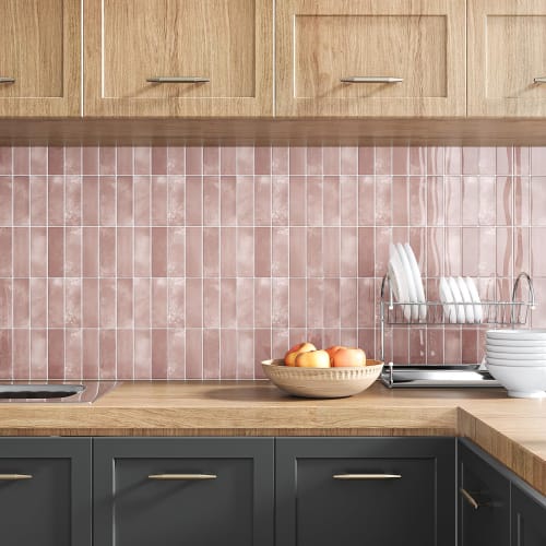 VEELIKE Waterproof Heat-Resistant Tile Sheets, 6 Sheets, 30x30cm Square, Marble Brick Pink Glossy Tile Stickers, 3D Wallpaper Stickers, Mosaic Wall St