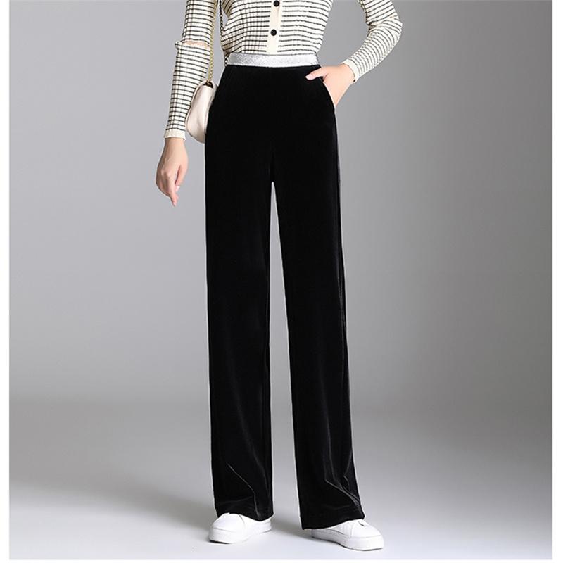 2022 Winter Female Elastic Fashion Harajuku High-waist Straight Bottoms Pantalones Women Solid Velvet Long Pant Wide Leg Trouser