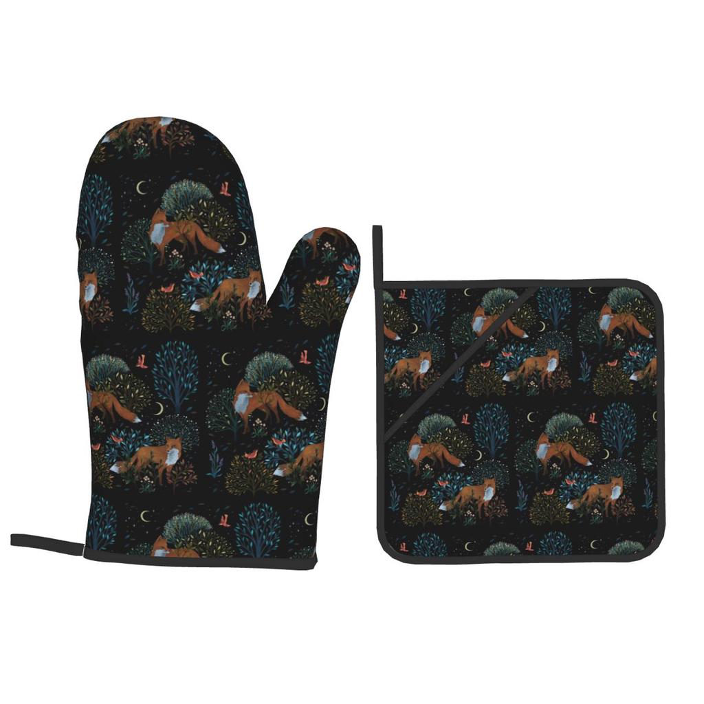 Forest Fox Oven Mitts and Pot Holder Sets of 2 for Baking Kitchen Cooking Grilling Resistant Non-Slip Gloves