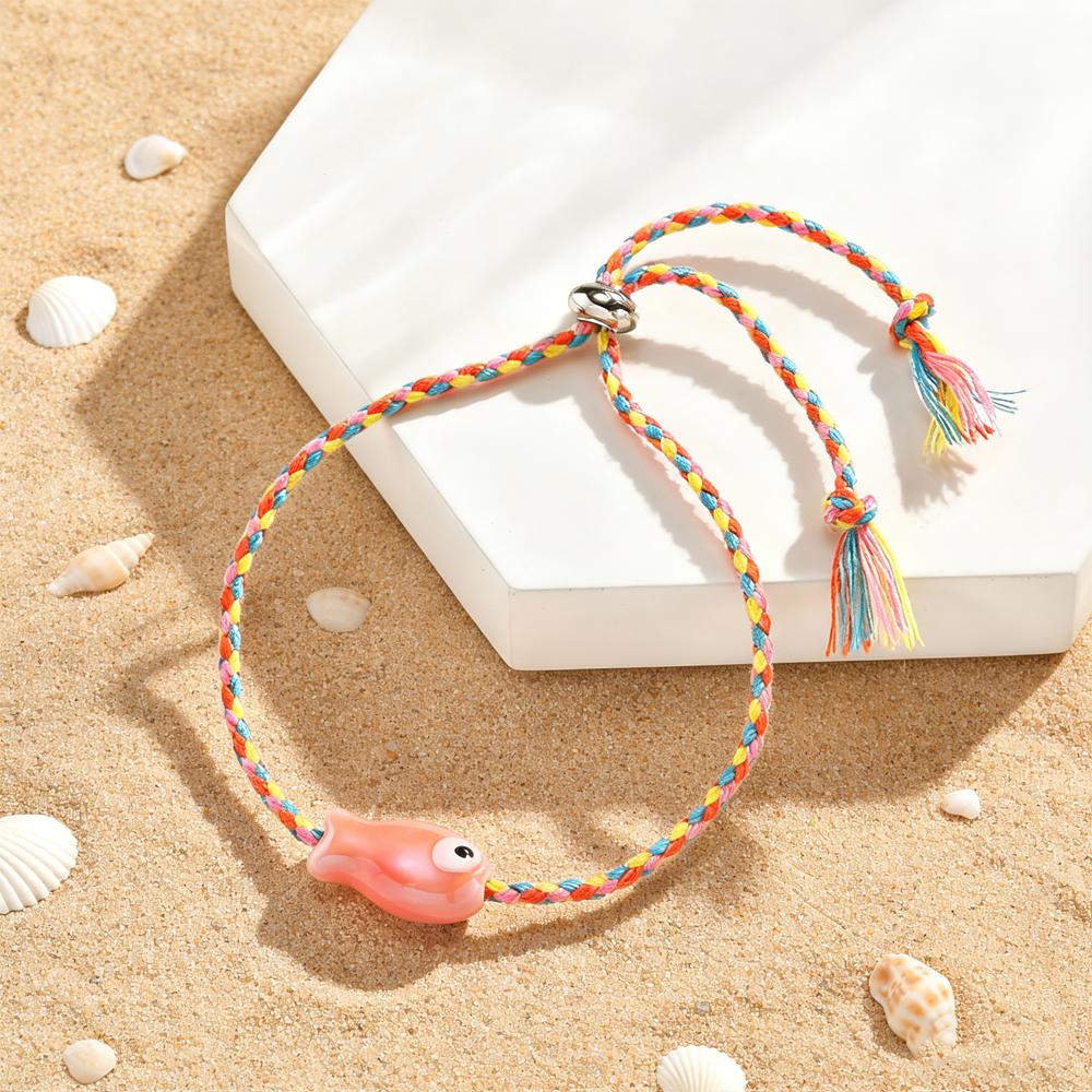 Trendy Multicolored Ceramic Fish Bracelet for Women Adjustable Handmade Woven Rope Wristband Bobo Jewelry Summer Beach Party