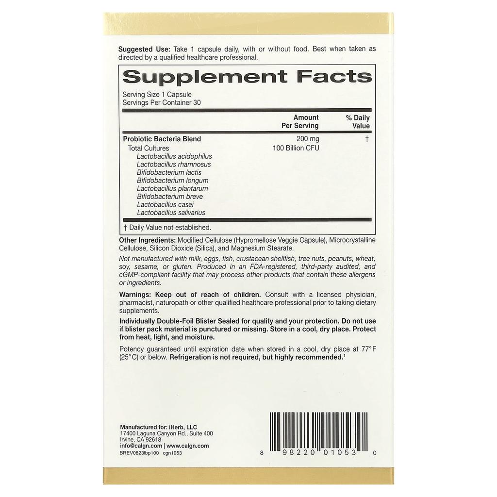 California Gold Nutrition Пробиотик LactoBif® 100, 100 миллиардов КОЕ, 30 вегетарианских капсул