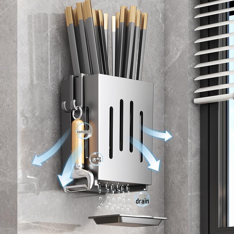Wall-Mounted Chopstick & Spoon Storage Rack with Drainage