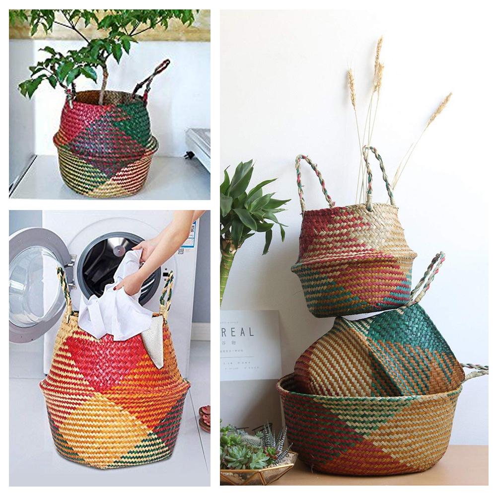 Handmade Bamboo Storage Baskets Foldable Clothes Laundry Basket Straw Wicker Rattan Seaweed Belly Flowerpot Retro Decorations