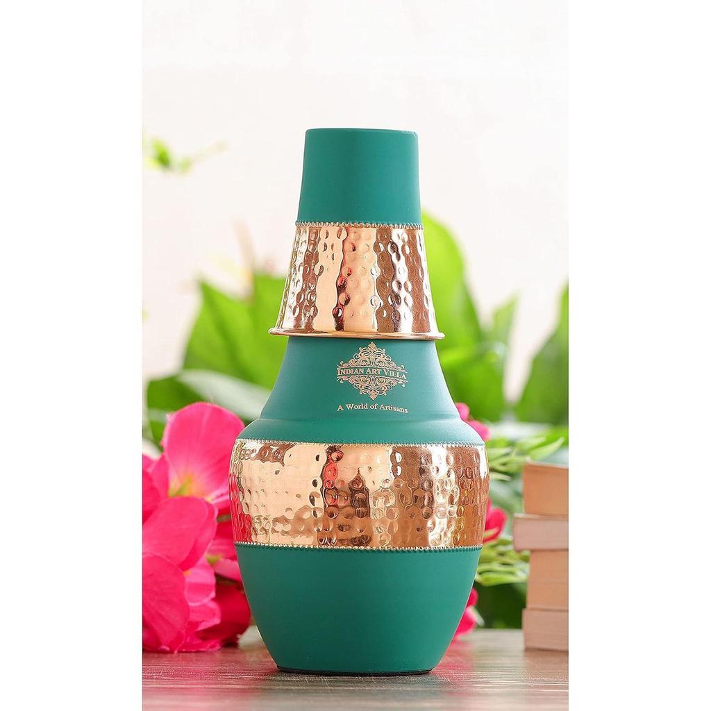 Pure Copper Bottle with Inbuilt Glass, Surahi Design Green Half Silk Half Hammered Finish, Drinkware & Storage Purpose - Volume 1.25 Litre (Pack of 2)