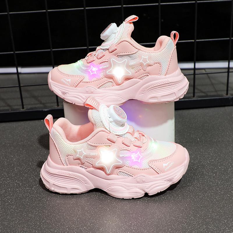 Girls' light-up shoes, new button shoes, children's spring and autumn girls' sneakers, solid-soled princess dad shoes