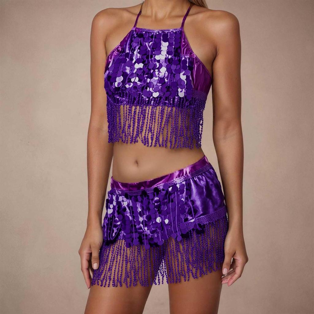 2 Pieces, Bra With Sequined Tassels, Fringed Top, Belly Dance Skirt, Carnival, Club, Costumes