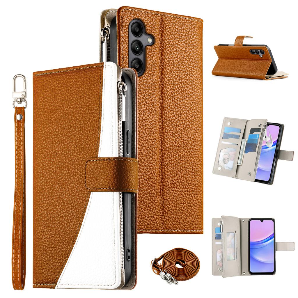 For Samsung Galaxy A05s 4G Case Zipper Wallet Color Splicing Leather Flip Phone Cover with Straps