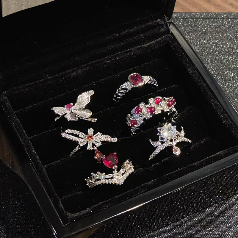 Medieval Brushed Imitation Pigeon Blood Red Ruby Open Ring, High-End Personality Diamond-Set Super Fairy Temperament Accessories