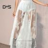 Women Maxi Skirt Dark Style See-through Embroidery Flower Lace Long Skirt Elastic High Waist A-Line Sexy Mesh Skirt