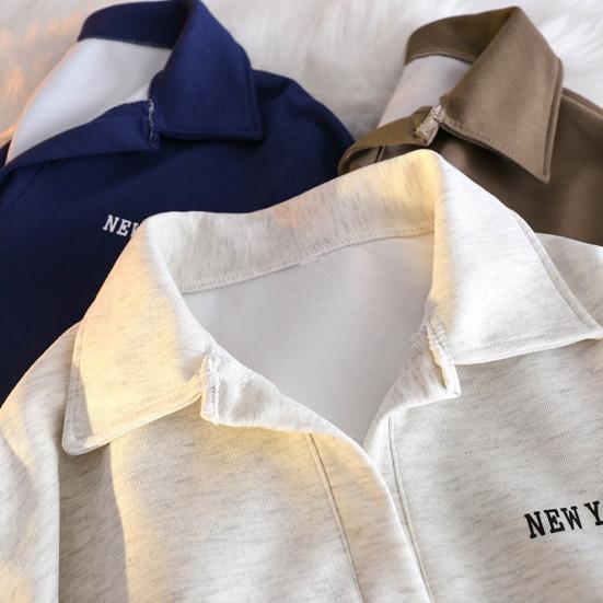 Women Autumn Spring Sweatshirt Turn-down Collar Loose Long Sleeves Pure Color Thin Elastic Cuffs And Hem Sport Style School Casual Top