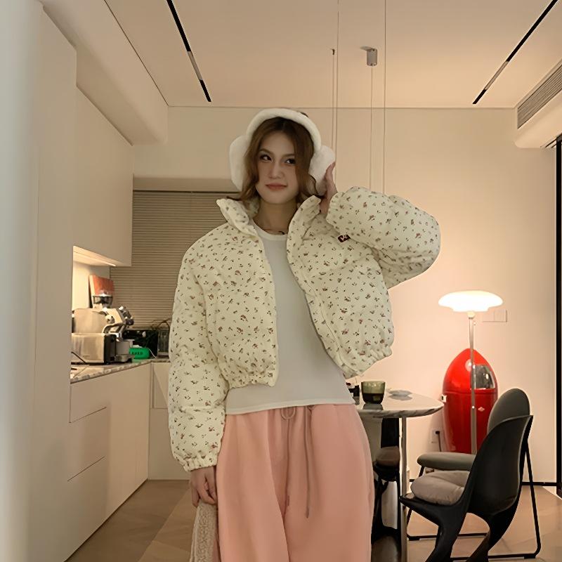 Women's Winter New Retro Short Floral Stand-up Collar Cotton Clothes Loose and Thickened Warm Trendy Jacket